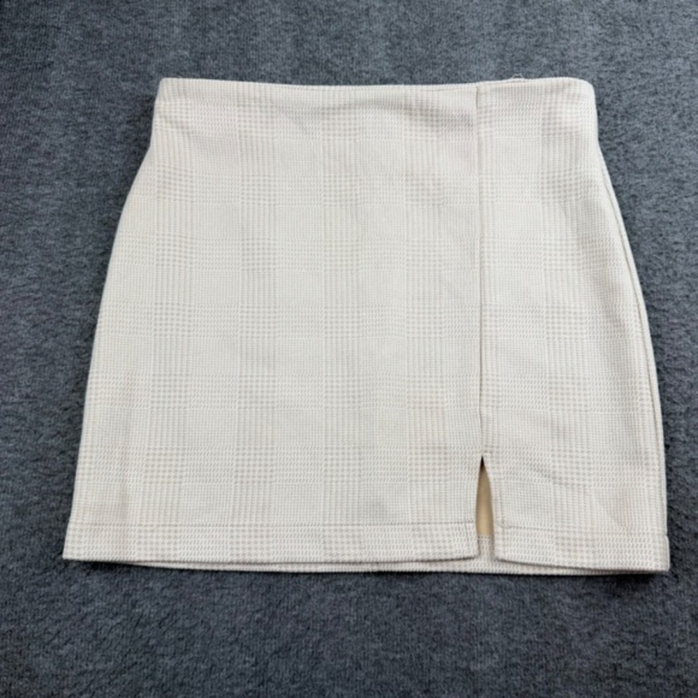 Windsor Mini Skirt Women's Size S Tan White Houndstooth Front Slit Back Zip